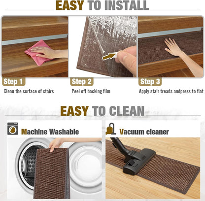 SMILOOL Stair Treads Non Slip for Wooden Steps Indoor 4 Pack 8" X 30" Carpet Stairs Runner for Wood Stairs, Stair Tread Rugs with Reusable Adhesive for Dogs Kids and Elders, Machine Washable, Brown