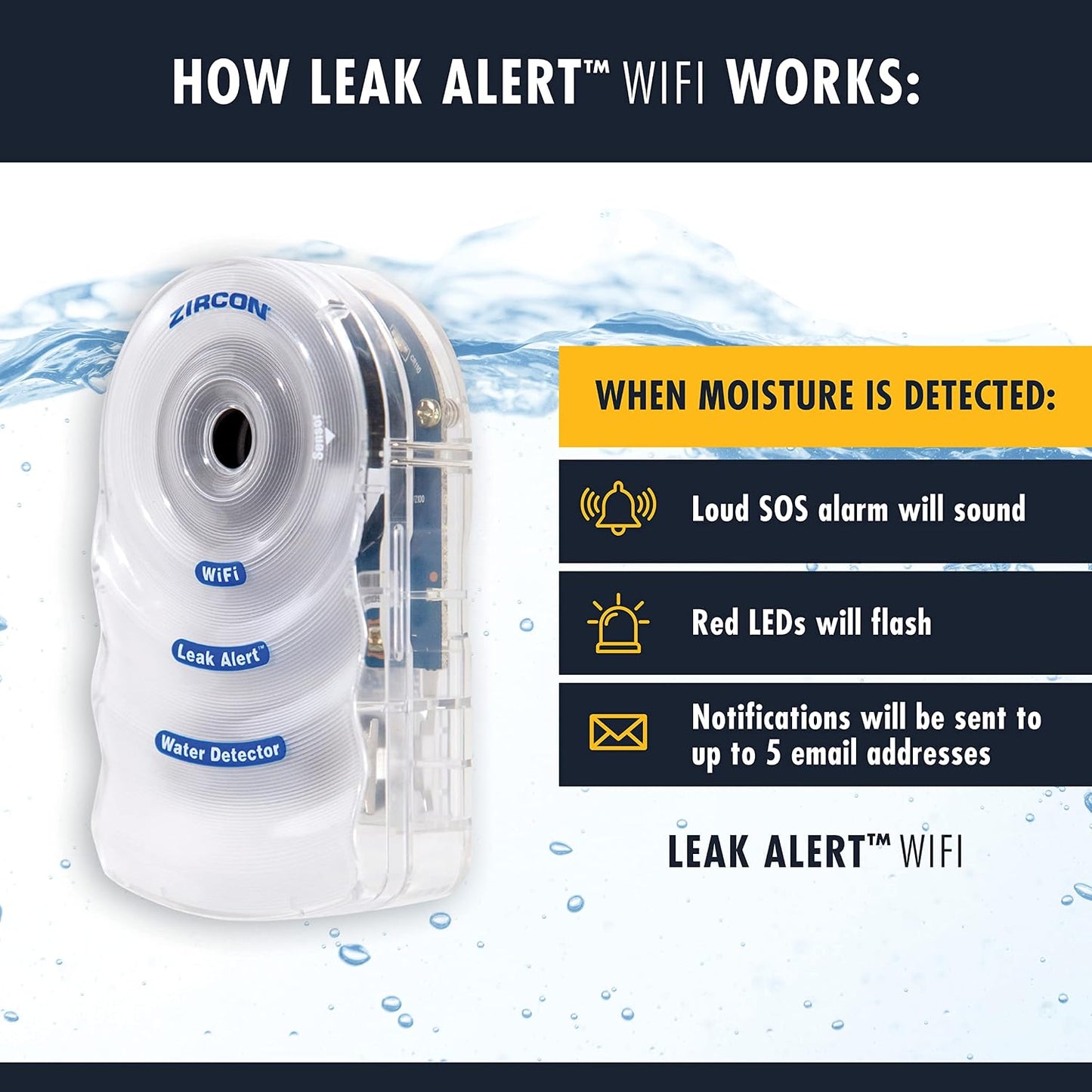 Zircon Leak Alert WiFi -Smart Electronic Water Detector Alarm with Email, Audio and Visual Alerts - Battery Included