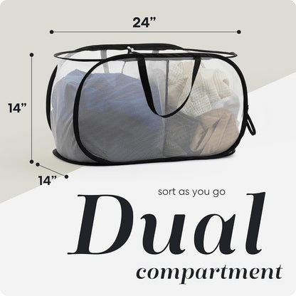 Handy Laundry Collapsible Laundry Basket, 3-Compartment Mesh Laundry Sorter, Foldable Pop Up Hamper with Handles, Space-Saving Durable Organizer for Dorm, Bedroom, Travel, White