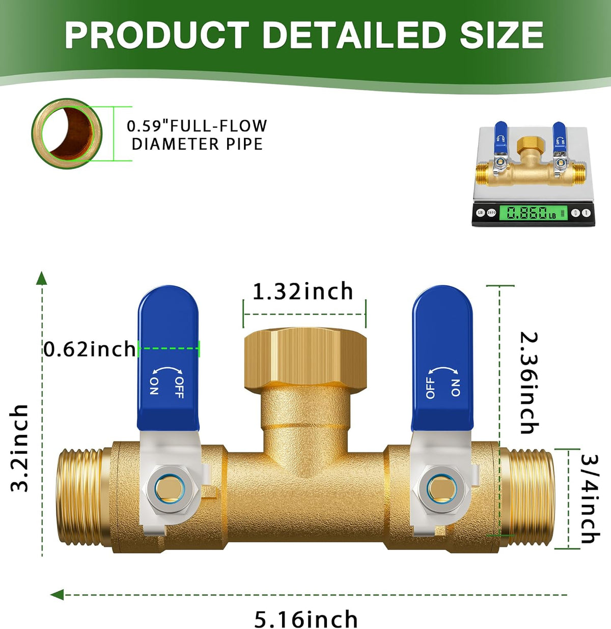 Hose Splitter 2 Way, Heavy Duty Brass Garden Hose Splitter, Water Hose Bib Spigot Splitter with 0.59" Full Flow Ball Valve Outlet & Shut-Off Valve 3/4'' Connector Outdoor Water Faucet Adapter