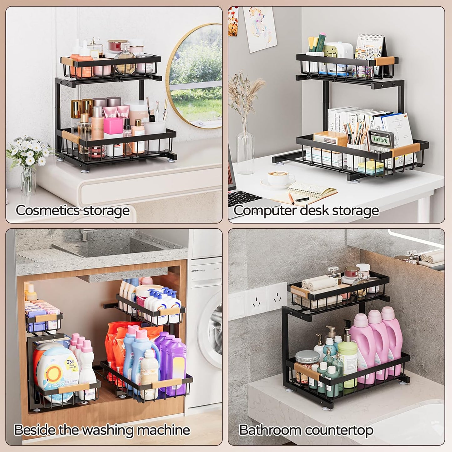 ADBIU Under Sink Organizer 2 Pack, Adjustable Height (11"-15.75") Under Cabinet Storage, 2 Tier Pull Out Sliding Drawers for Kitchen Bathroom, Heavy Duty Metal Shelf, White
