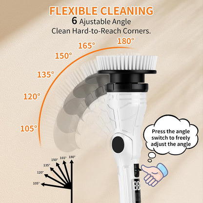 Electric Spin Scrubber with 8 Replaceable Brush Heads 6 Adjustable Angle Waterproof LED Display Cordless Cleaning Brush Supplies Bathroom Cleaner Set Long Handle Power Scrubber for Shower Floor Tub