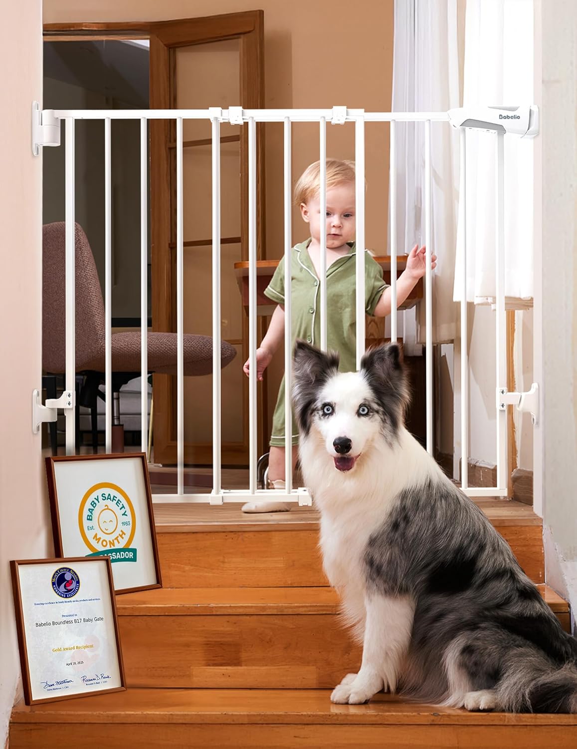 Babelio Baby Gate for Stairs, Kitchen & Doorways, No Bottom Bar| One-Handed Operation| Auto-Close| Hardware Mount (Drill Needed) Safety Dog/Pet Gate (Black - B17, 26-43" W, 28" H)
