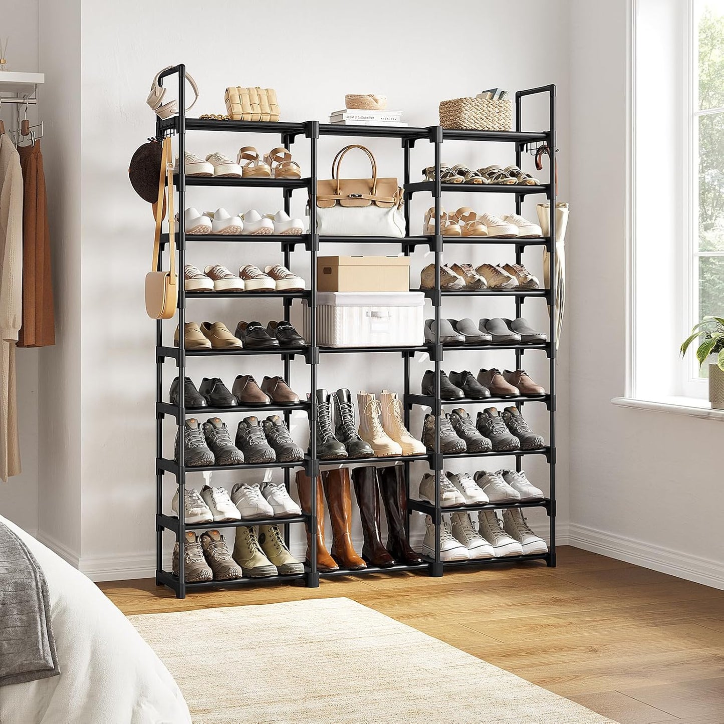 WOWLIVE 9 Tiers Large Shoe Rack Storage Organizer for Closet 50-55 Pairs Shoe Tower Unit Shelf Stackable Shoe Rack with Metal Pipes Plastic Connectors Black(SSS3B9)