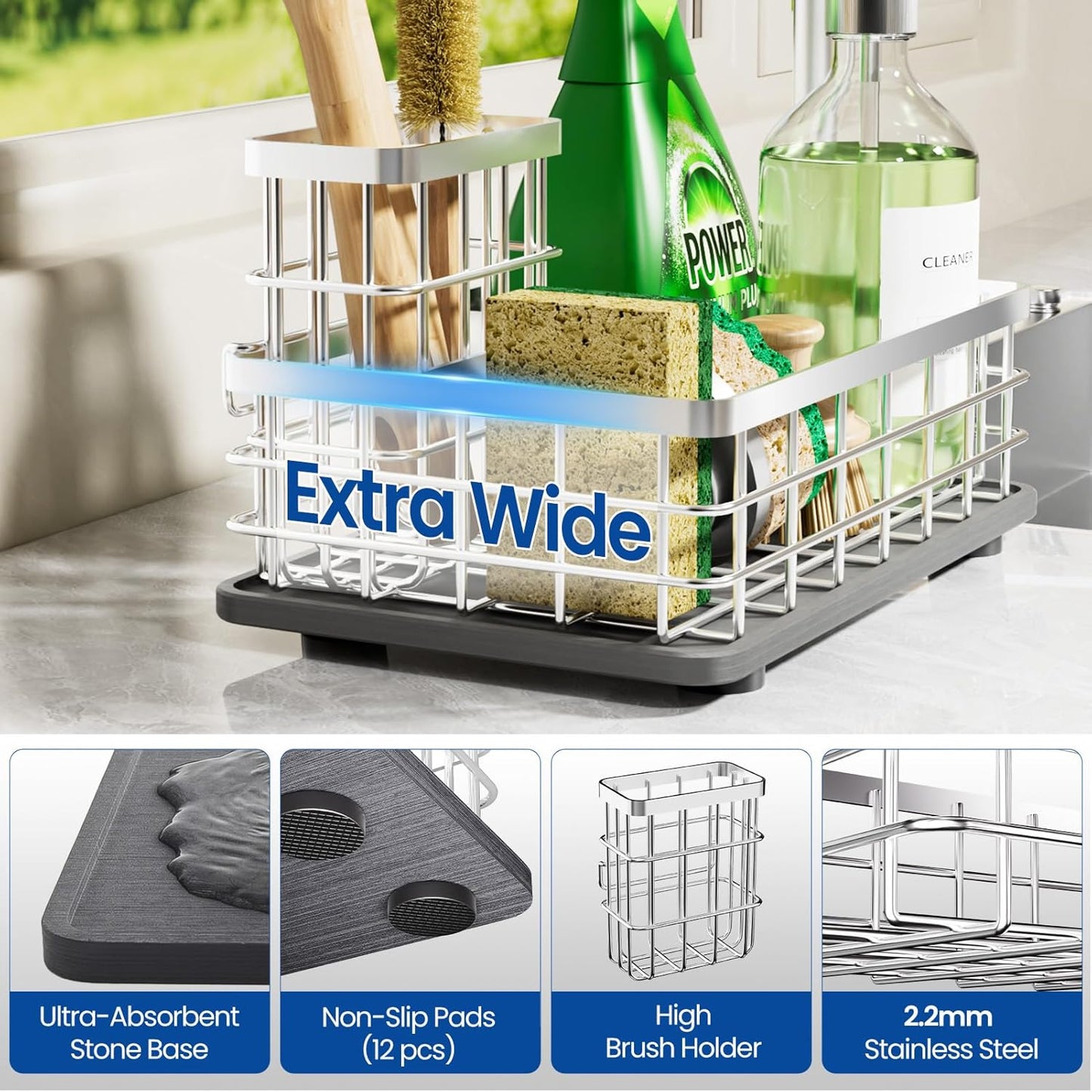 Extra Large Kitchen Sink Caddy Organizer, Stainless Steel Sponge Holder for Kitchen Sink with Brush Holder, Diatomite Stone Sink Tray for Soap Dispenser, Sponge, Kitchen Essentials and Gadgets, Black