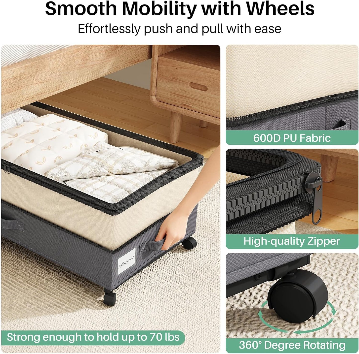 Kitstorack Under Bed Storage with Wheels 2Pack Height-adjustable Under Bed Storage Containers,Under Bed Shoe Storage Organizer with Clear Window&Label, Suitable for Clothes Storage, Gray