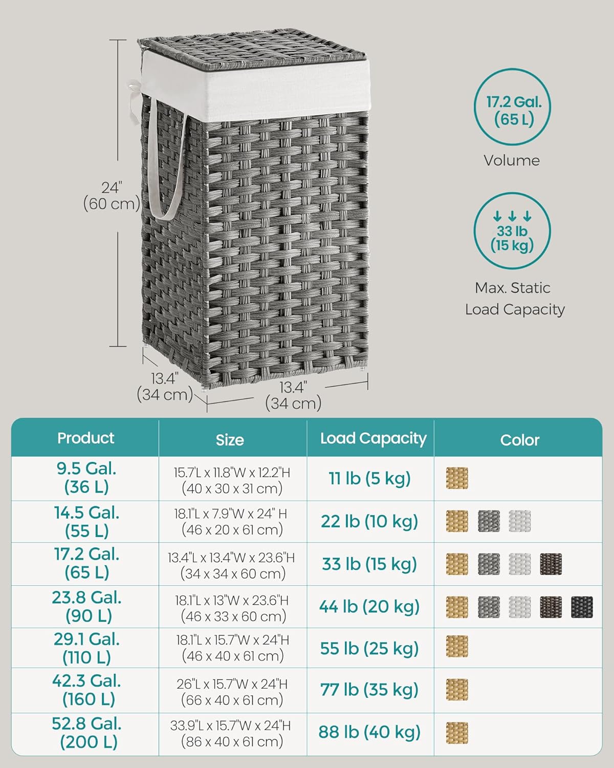 SONGMICS Laundry Hamper with Lid, 23.8 Gallon (90 L) Synthetic Rattan Clothes Laundry Basket with Lid and Handles, Foldable, Removable Liner, Chestnut Brown ULCB051K02