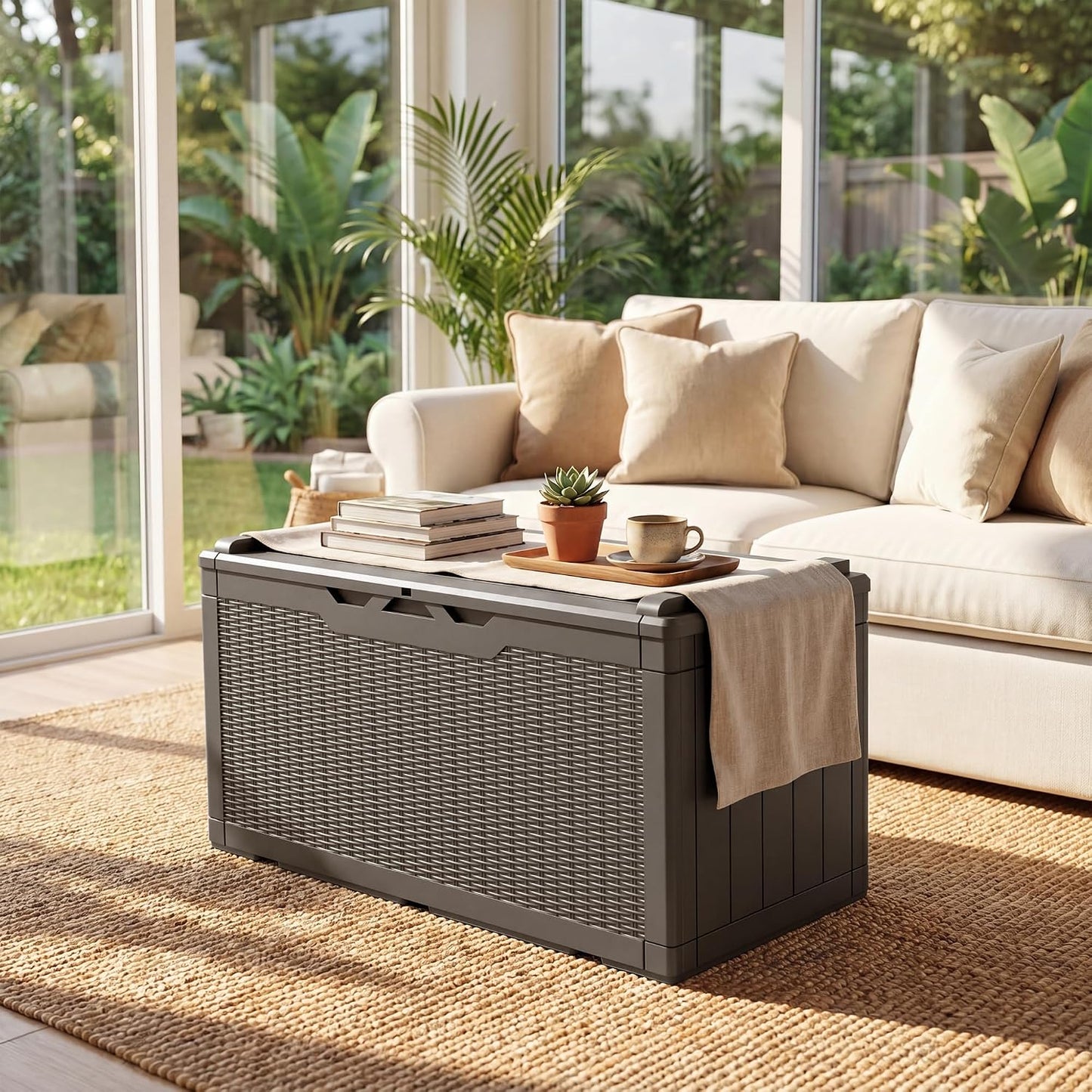 JUMMICO 31 Gallon Resin Deck Box Waterproof Indoor Outdoor Storage Boxes for Patio Furniture Cushions and Garden Tools (Brown)