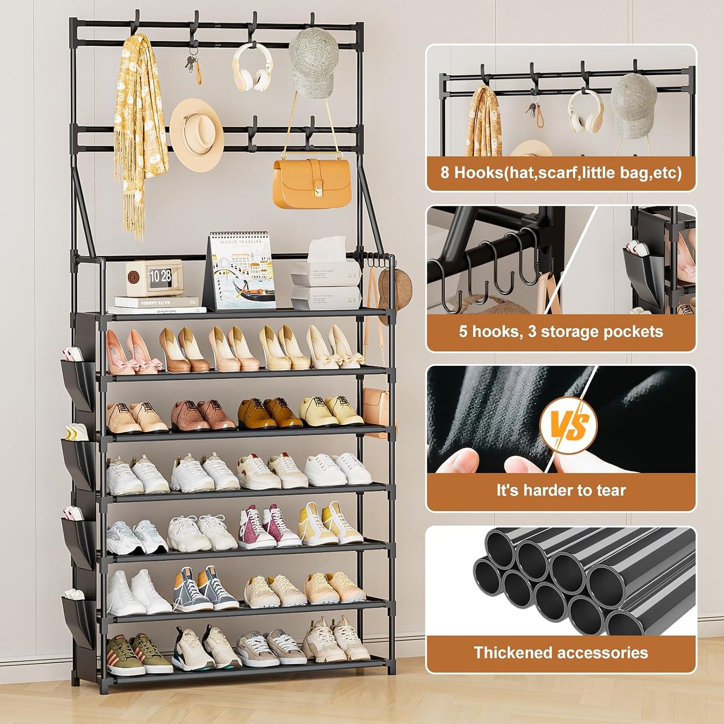 OYREL Shoe Rack, 5 Tier Shoes Storage Organizer, with Functional Hooks and Side Pocket, 20-25 Pairs, for Closet/Entrance/Entryway, Sneaker and Boot Stackable Free Standing Shoe Rack