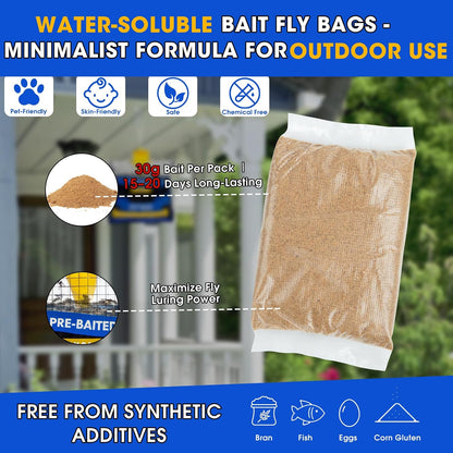 Big Disposable Hanging Fly Trap Bag 4 Pack for Chicken Coop Barn Ranch Farm | 50g Dissolvable Bait Fly Hunter for Flying Insects, Large Clear Capacity, No Messy Cleanup, Weatherproof Outdoor-only Use