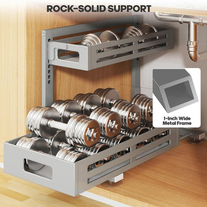 2 Pack Under Sink Organizer,Pull Out Cabinet Organizer with Smooth Cylindrical Rail,Metal Slide Out Drawer for Kitchen Bathroom Laundry Cabinet,8-Level Tool Free Height Adjustable-Black