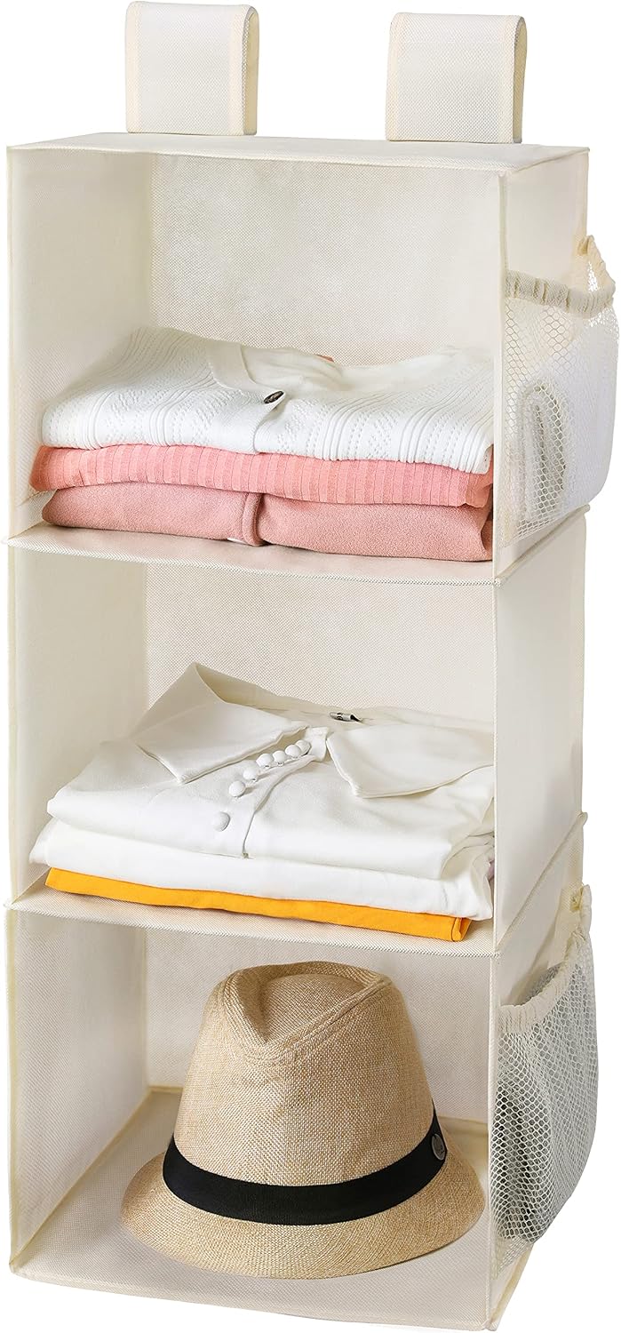 MAX Houser 3 Tier Shelf Hanging Closet Organizer, Space Saver,Closet Hanging Shelf with 2 Sturdy Hooks for Storage, Foldable (Grey)