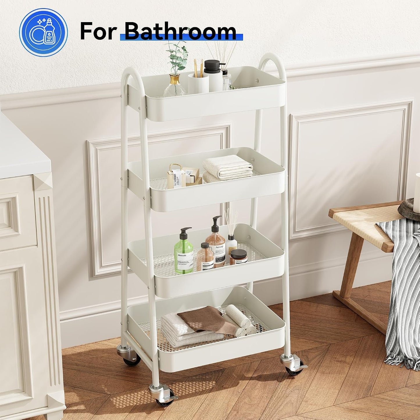 OLIXIS Metal 4 Tiers Utility Rolling Cart, Mobile Storage Shelf with Lockable Caster Wheels, Organization for Livingroom, Bathroom, Kitchen, & Narrow Places, 4-Tier Green