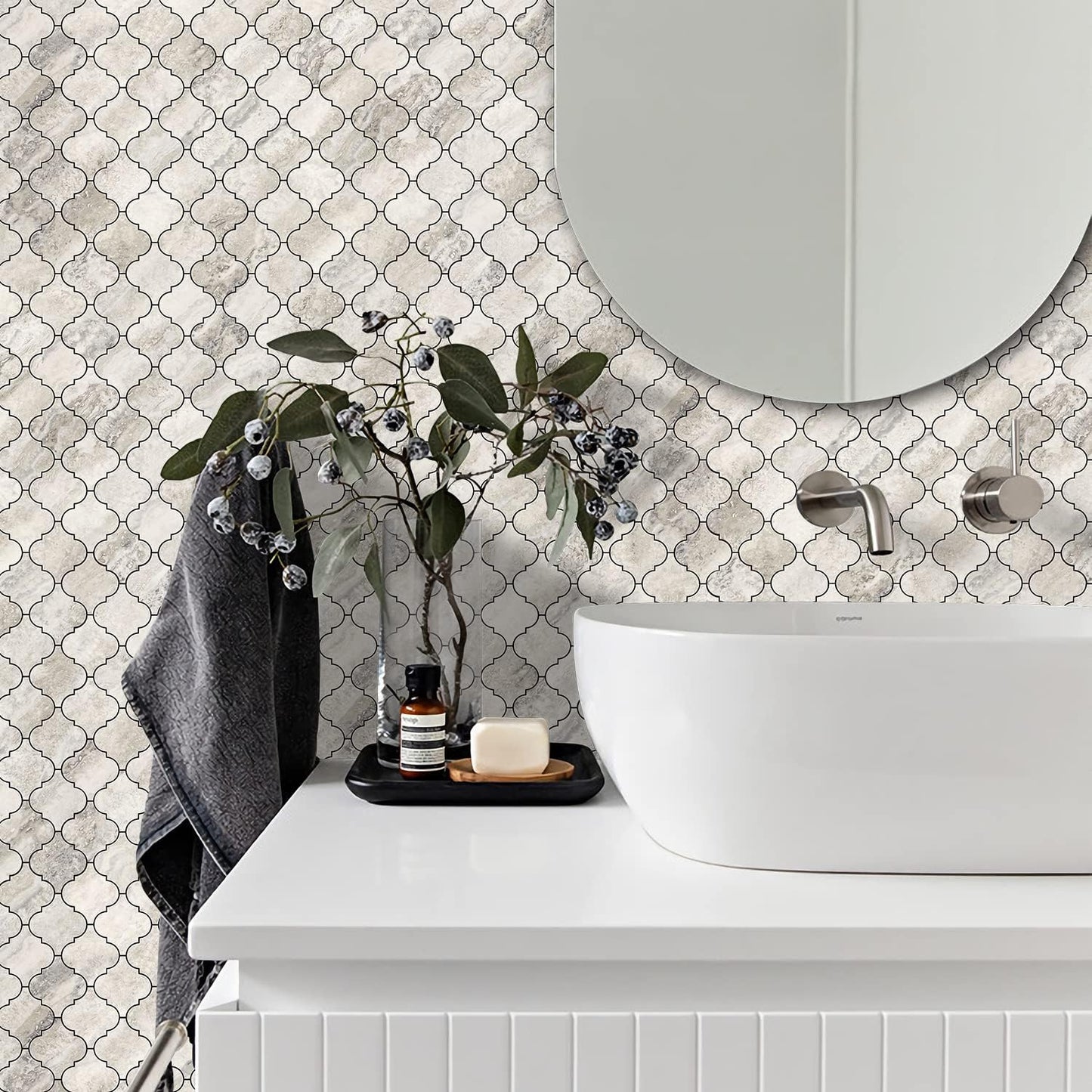STICKGOO Arabesque Peel and Stick Backsplash Tile, Stick on Backsplash for Kitchen and Bathroom, Beige Marble Look PVC Mixed Metal Aluminum Mosaic Tiles (10 Sheets)