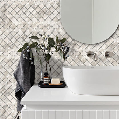 STICKGOO Arabesque Peel and Stick Backsplash Tile, Stick on Backsplash for Kitchen and Bathroom, Beige Marble Look PVC Mixed Metal Aluminum Mosaic Tiles (10 Sheets)