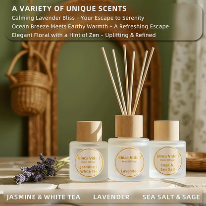 Reed Diffuser Set, Binca Vidou Lavender & Vanilla Natural Scent Oil Diffusers with Sticks for Home Office Bathroom Aromatherapy Decor 1.69oz x 2