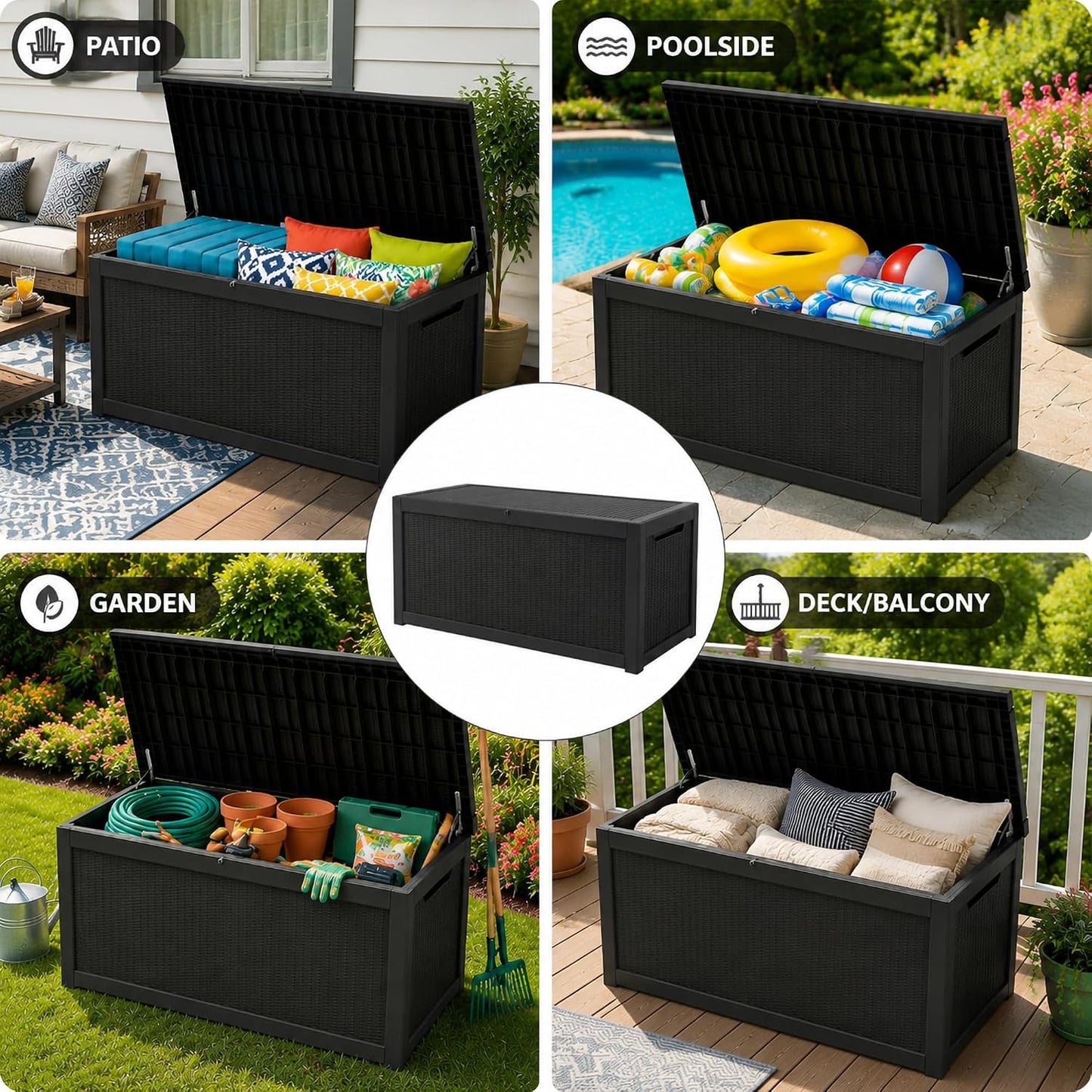 270 Gallon Lockable Resin Outdoor Storage Box, Waterproof & Weather Resistant Deck Box for Patio Cushion, Garden Tools & Pool Accessories, Black