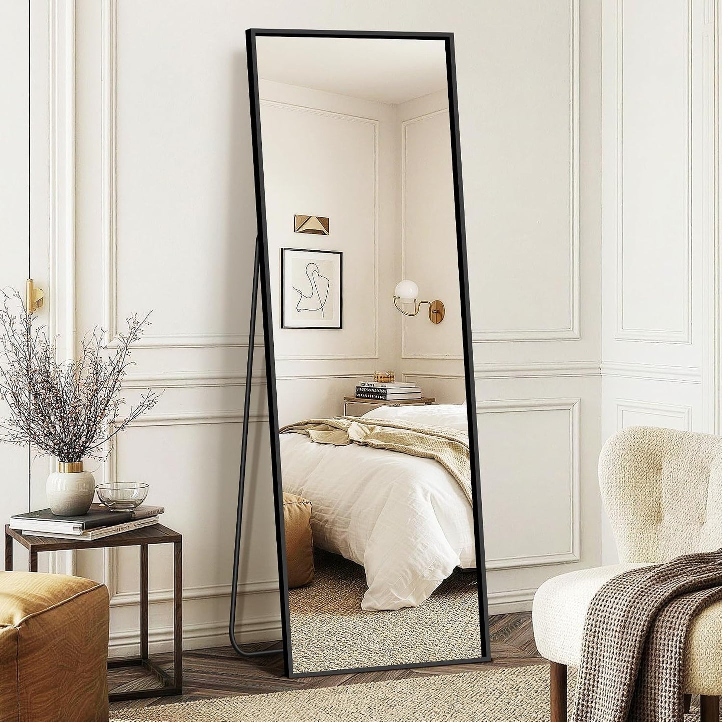FICTOR Full Length Mirror with Stand, Floor Standing Mirror Full Body, HD Shatterproof Black Frame Wall Mirror for Bedroom, Living Room, Dressing Room & Entryway, 56"x15"
