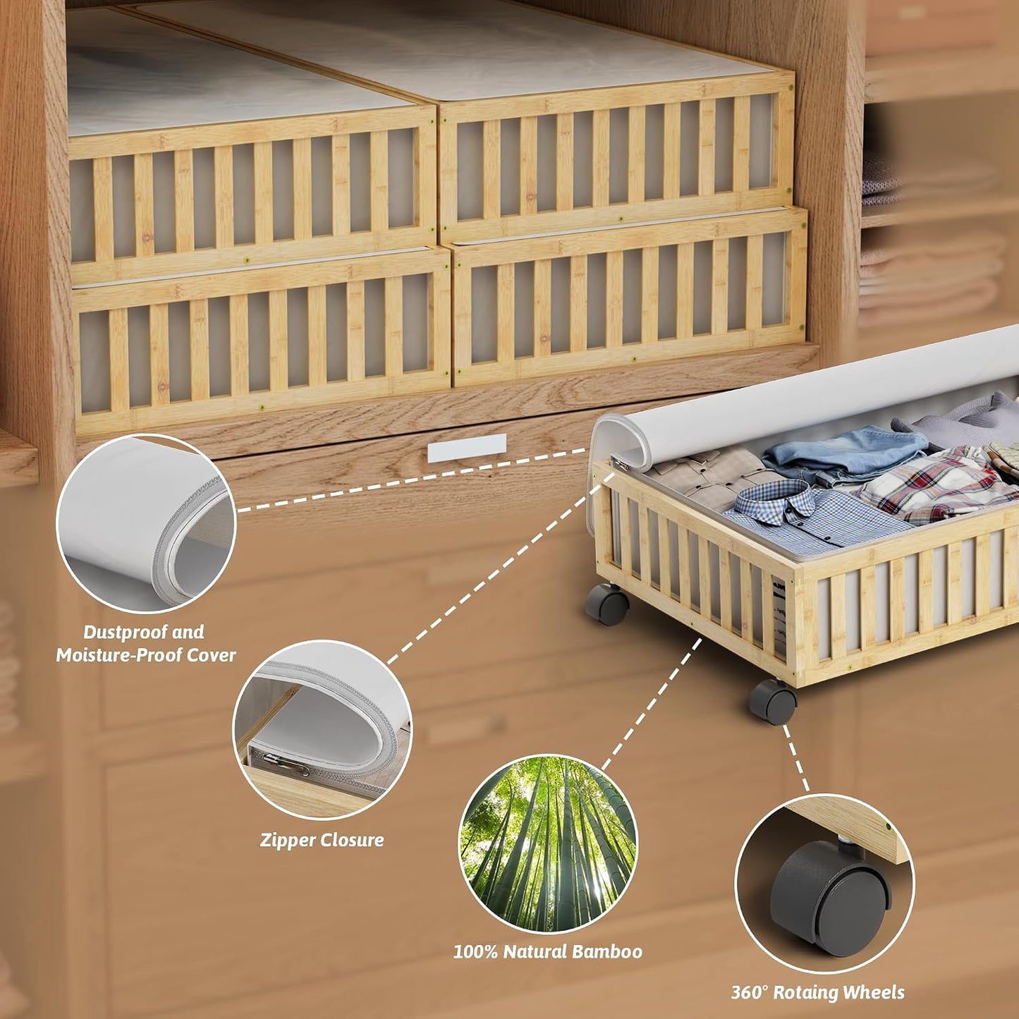 Bamboo Under Bed Storage Containers with Wheels, 2 Pack Under the Bed Shoe Storage Bins, Wood Rolling Underbed Drawers with Bag Organizer for Bedroom, Sheets Clothes Blanket Comforter, Under Crib Toy