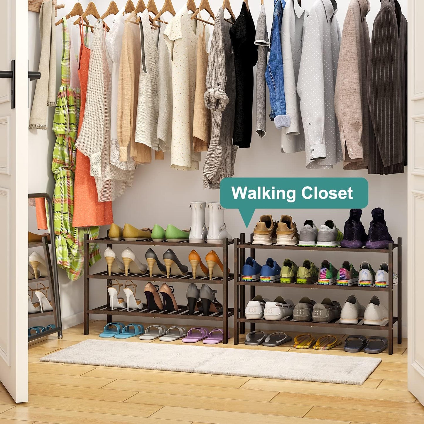 viewcare 3-Tier Black Bamboo Shoe Rack for Entryway, Stackable | Foldable | Natural, Shoe Shelf Storage Organizer for Hallway Closet, Free Standing Shoe Racks for Indoor Outdoor