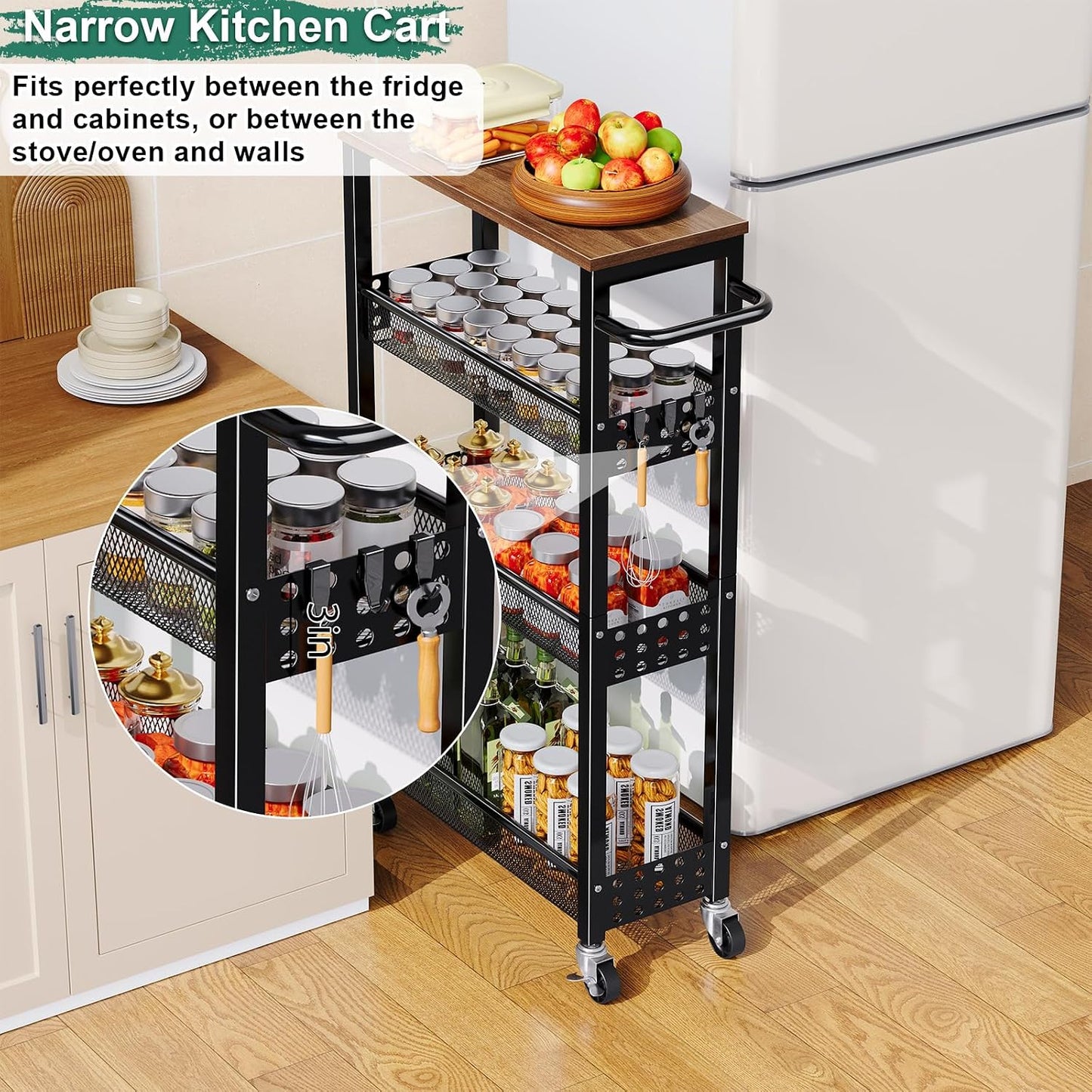 Utility Slim Storage Cart, 4-Tier Narrow Bathroom Organizers and Storage Cart, Narrow Metal Kitchen Laundry Room Organization Shelf with Wood Top, Slim Rolling Carts with Wheels for Small Space