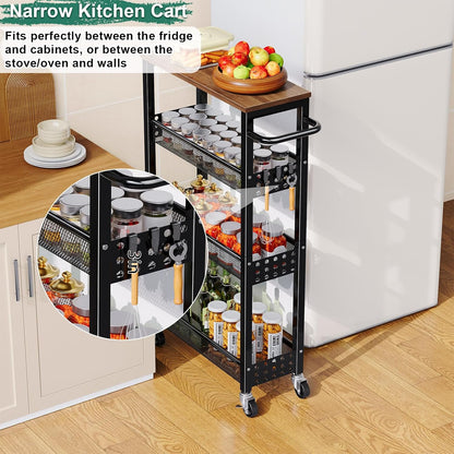 Utility Slim Storage Cart, 4-Tier Narrow Bathroom Organizers and Storage Cart, Narrow Metal Kitchen Laundry Room Organization Shelf with Wood Top, Slim Rolling Carts with Wheels for Small Space