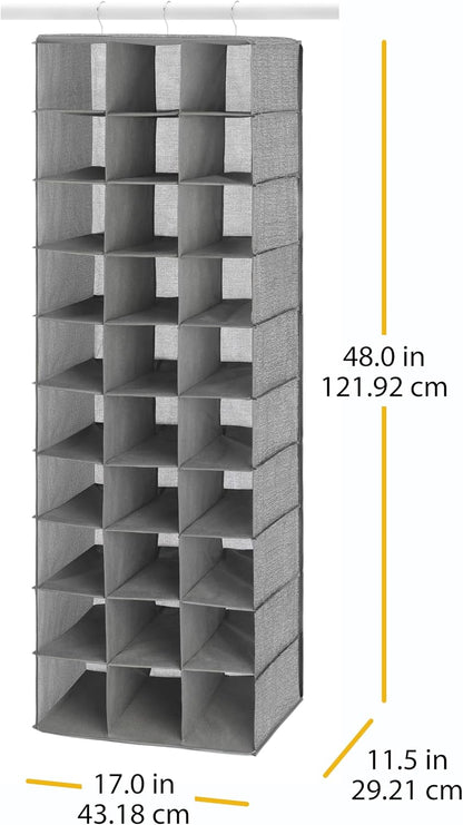 Whitmor 30 Sections Hanging Clothes Closet Shoe Organizer, Space Saving Breathable Fabric Shoe Storage for Bedroom, Laundry, Dorm, Crosshatch Gray