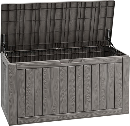 Fancyango 75 Gallon Outdoor Deck Box Waterproof, Large Storage Box for Patio, Resin Storage Bench Lockable for Garden Tools, Package Delivery, Black