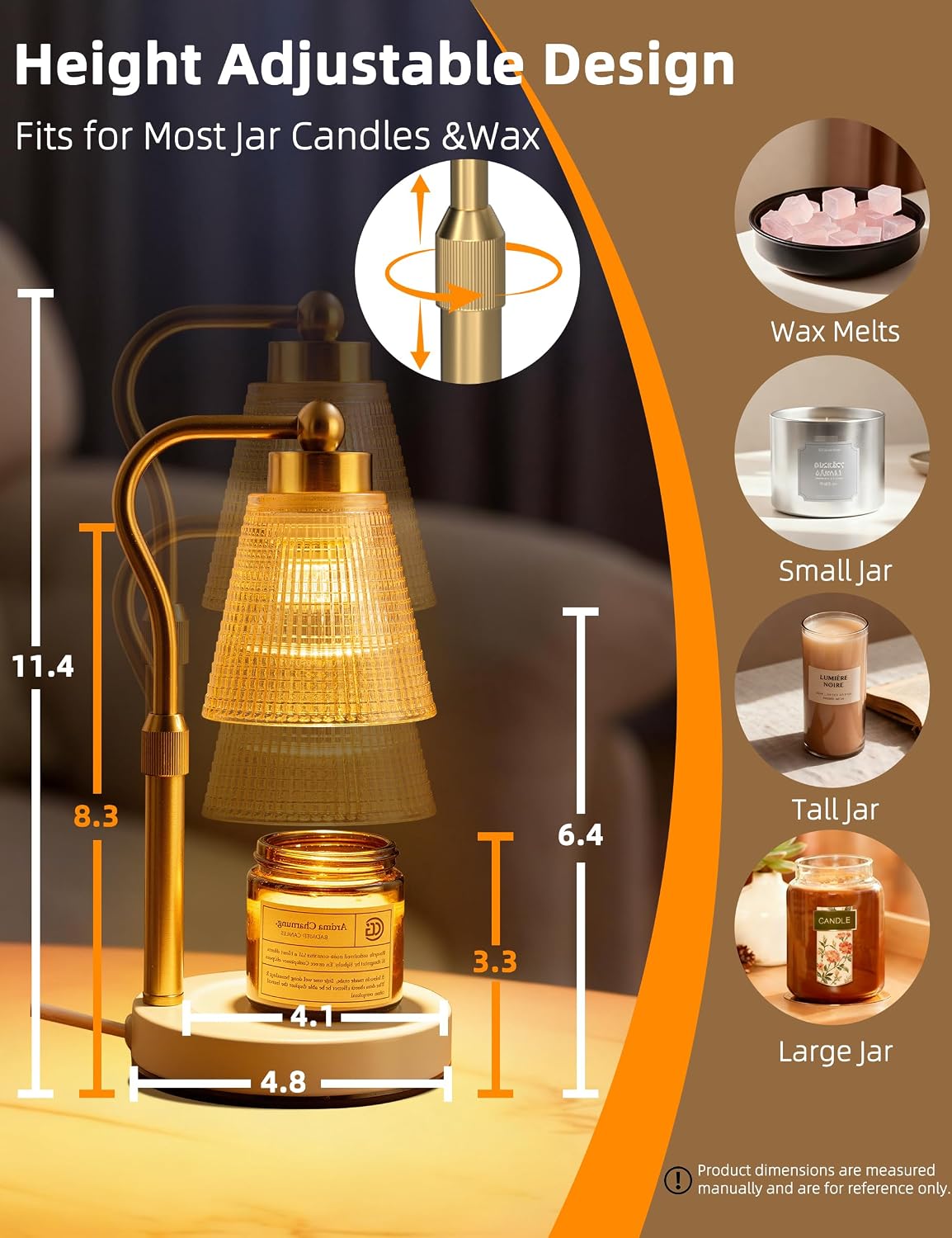 Candle Warmer Lamp for Jar Candles, Height Adjustable & Dimmable with 2/4/8H Timer, 2*50W Halogen Wax Melter Warmer for Home Office Décor, Flameless & Smokeless, Gift for Women Mom, Black-Clear/1 Pack