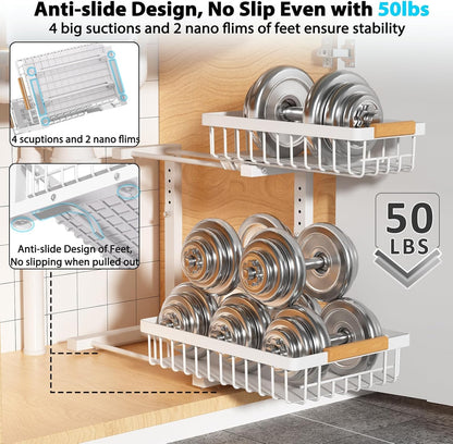 Liuoud Under Sink Organizer 2 Pack, 2 Tier Slide Out Large Capacity Height Adjustable Under Sink Organizers and Storage for Kitchen Bathroom Cabinet, White