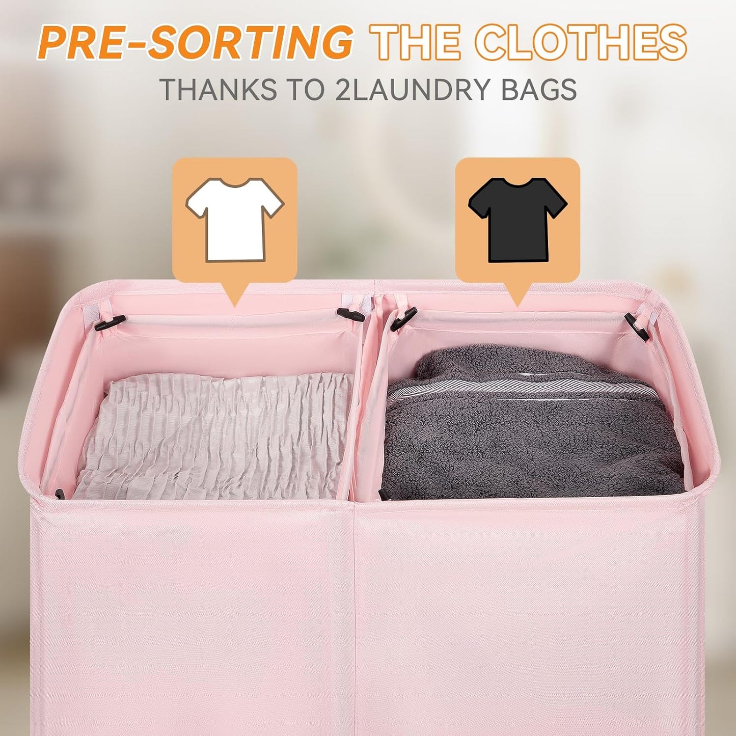 Chrislley 140L Laundry Hamper 2 Section, Double Laundry Basket with Lid, Large Dirty Clothes Hamper with Removable Liner Bags, Collapsible Laundry Organizer for Bedroom, Dorm,Beige
