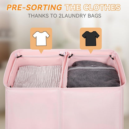 Chrislley 140L Laundry Hamper 2 Section, Double Laundry Basket with Lid, Large Dirty Clothes Hamper with Removable Liner Bags, Collapsible Laundry Organizer for Bedroom, Dorm,Beige