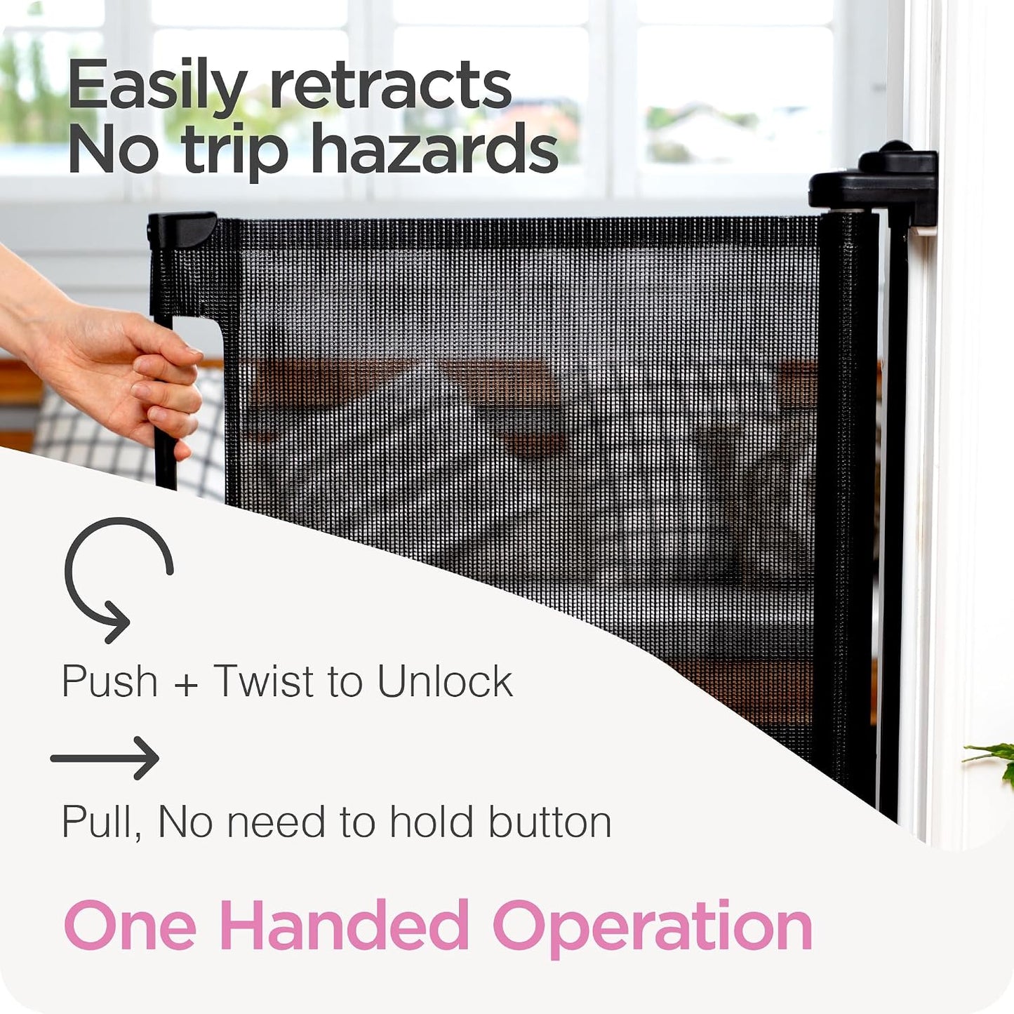 Retractable Baby Gate Perma Child Safety 33" Tall x 55” Wide, Mesh, for Stairs, Doorways, Dogs, Pets, Indoor, Outdoor, One-Handed Operation, Locking, Easy Install, Hardware Mount, White