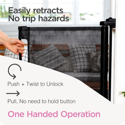Retractable Baby Gate Perma Child Safety 33" Tall x 55” Wide, Mesh, for Stairs, Doorways, Dogs, Pets, Indoor, Outdoor, One-Handed Operation, Locking, Easy Install, Hardware Mount, White