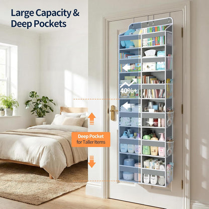 Yecaye Over The Door Organizer, 5 Tier Extra Large Behind Door Storage of 10 Compartments, 80lbs Heavy Duty Door Organizer Hanging with Clear Window for Closet Bedroom Pantry Bathroom, Grey