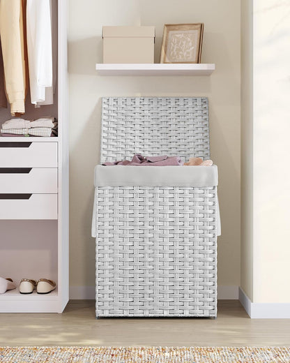 SONGMICS Laundry Hamper with Lid, 23.8 Gallon (90 L) Synthetic Rattan Clothes Laundry Basket with Lid and Handles, Foldable, Removable Liner, Chestnut Brown ULCB051K02