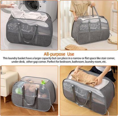 Collapsible Laundry Baskets with 3 Compartment, 150L Tear-proof Pop Up Hamper, Foldable Laundry Basket with Tote Handles, Dirty Clothes Hamper for Laundry, Bedroom, Bathroom, Dorm Grey
