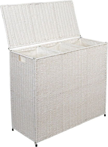 Household Essentials Brown ML-5445 Wicker 3 Compartment Laundry Sorter with Lid | 3 Section Clothes Hamper