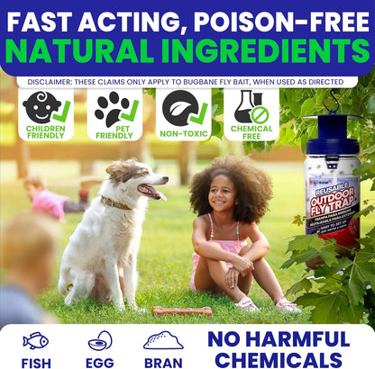 2 Fly Traps Outdoor Fly Trap for Patio with 4 Non-Toxic Dissolvable Bait Refills and 12 Sticky Ribbons. Reusable Hanging Bug Catcher Killer for All Filth Flies for Outside Bug Control Yard Ranch