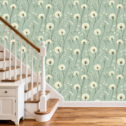 Dandelion Floral Peel and Stick Wallpaper Green Self Adhesive Removable Vinyl Wallpaper Botanical Floral Watercolor Boho Accent Wall for Bedroom Living Room Nursery 17.7" X 118"