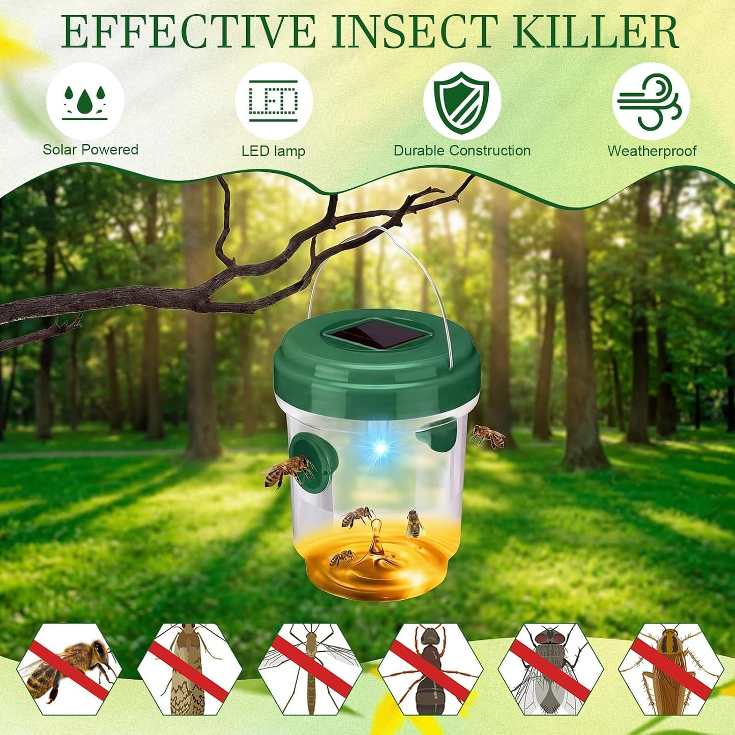 Wasp Trap Solar Powered Bee Trap Reusable Fly Traps Outdoor Hanging Wasp Killer with UV LED Light Flying Insects Bee Killer for Indoor Outside Patio Garden Home (6, Yellow)