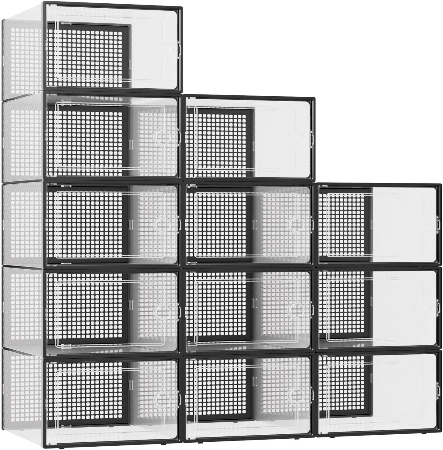 Kuject X-Large Shoe Storage Boxes Organizers for Closet 12 Pack, Fit Size 11,Clear Plastic Stackable Sneaker Containers for Entryway, Space Saving Shoe Rack, Brown