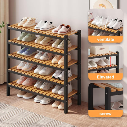 Bamboo Shoe Rack Organizer for Closet and Entryway - Space-Saving Narrow Shoe Stand - Versatile Shoe Holder for Door or Closet Shelf, Garage Bedroom can Freely Stack DIY Small Shoe Racks 3 Tier