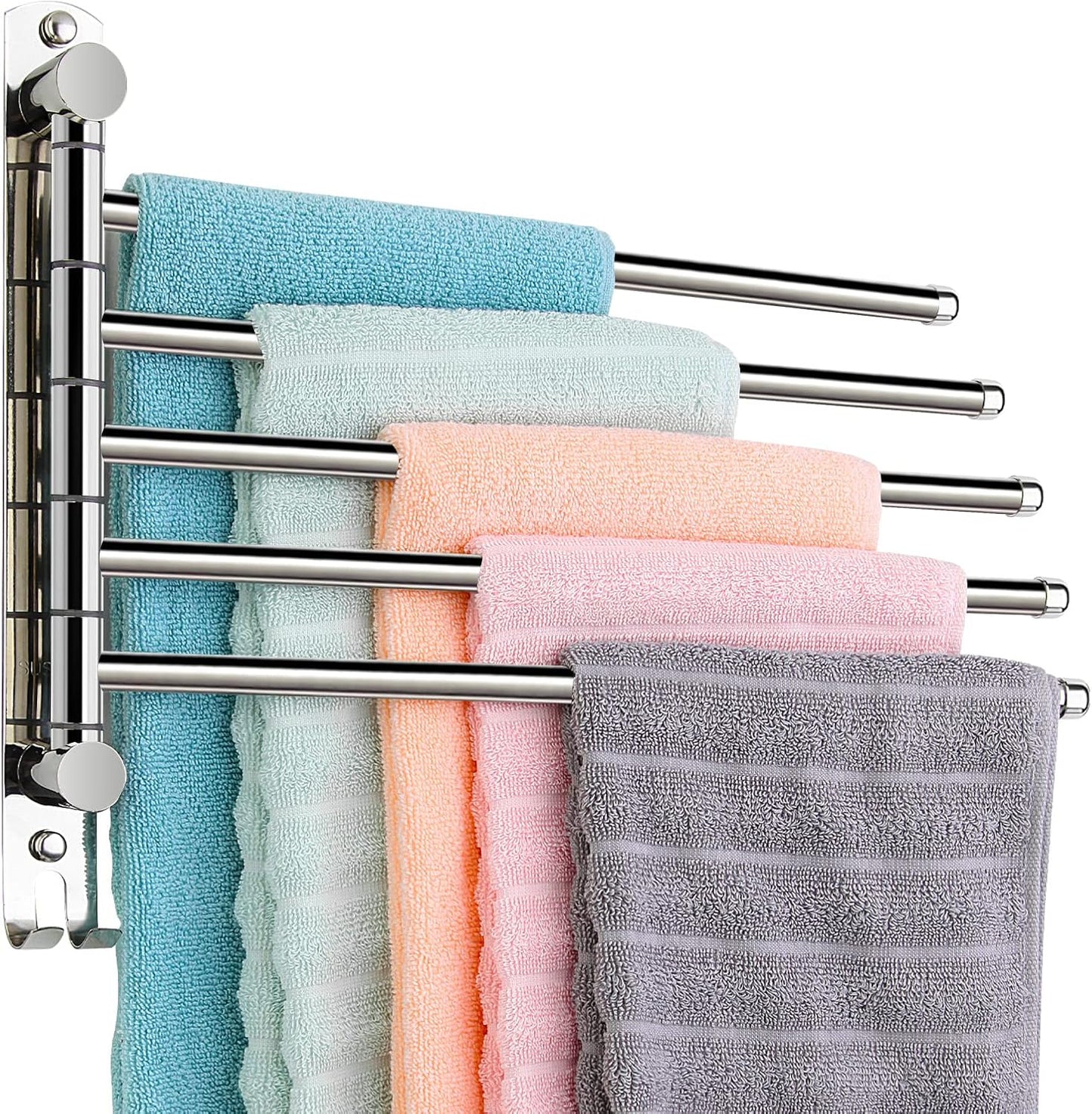 5-Arm Swivel Towel Rack - 180° Rotating Wall Mounted, 304 Stainless Steel Rustproof, Heavy Duty Bathroom Accessories, Space Saving Towel Organizer for Bathroom Kitchen Laundry - Pearl White