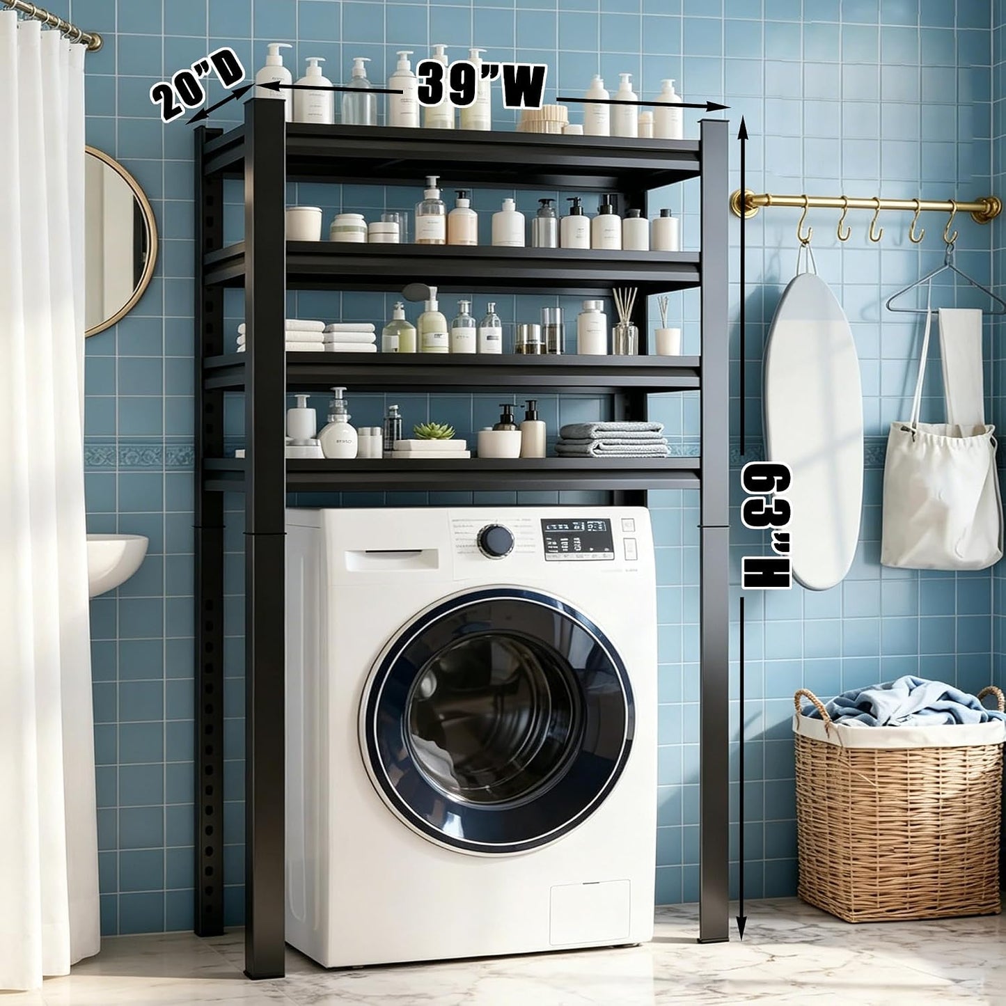 Over The Washer and Dryer Storage Shelf, Height-Adjustable 4-Tier Metal Heavy Duty Over The Washer, Organizer Rack for Washer Dryer, Laundry Room Organizer Rack, Multi-Functional Storage Shelf