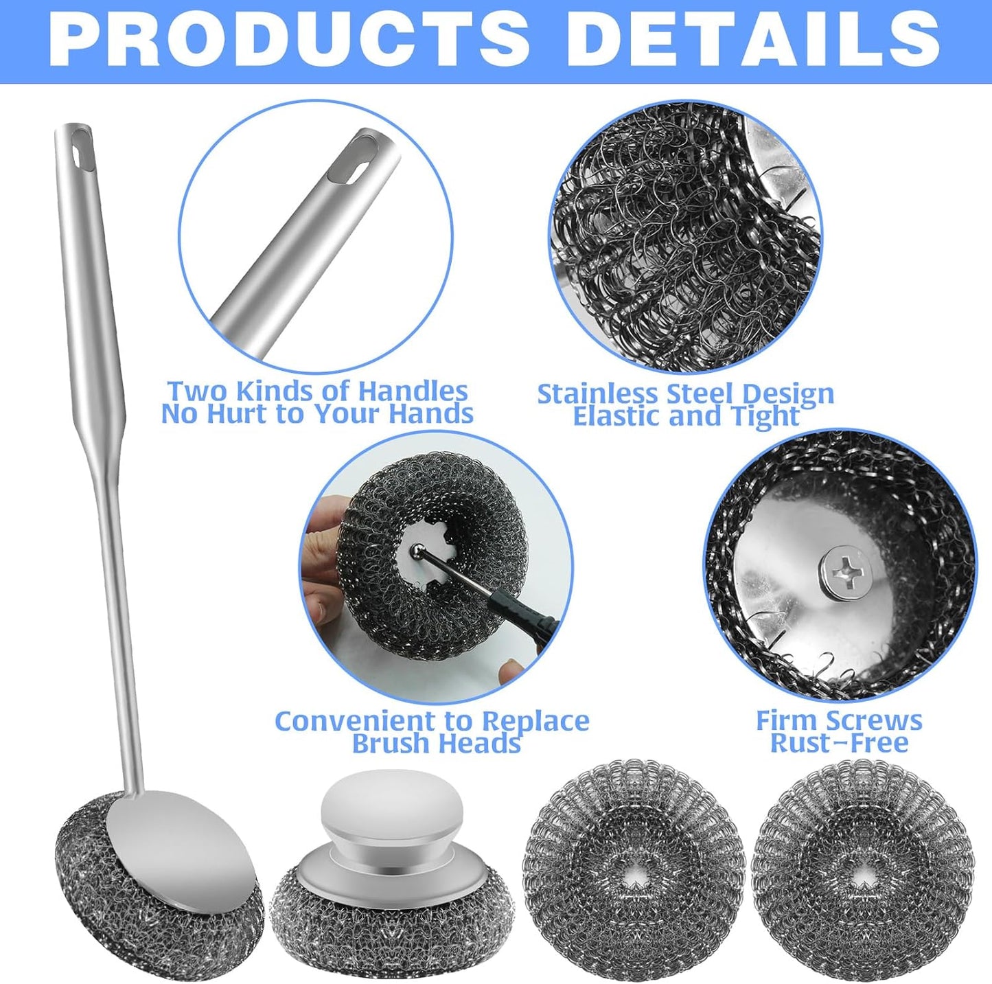 Stainless Steel Wool Scrubber with 2 Replacement Pads - Clean Metal Pans, Pots, Grills & More