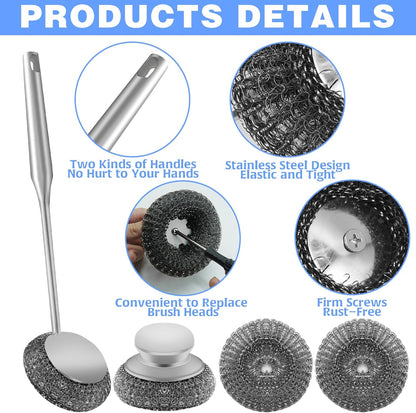 Stainless Steel Wool Scrubber with 2 Replacement Pads - Clean Metal Pans, Pots, Grills & More