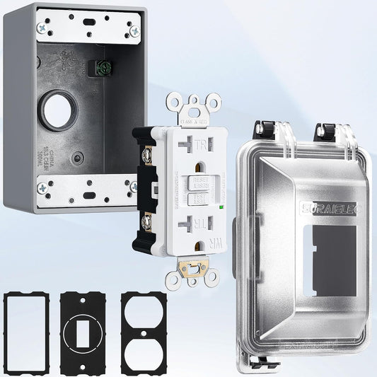 SURAIELEC 1-Gang Outdoor GFCI Outlet Kit with Weatherproof Cover and Junction Box, UL Listed in-Use Outlet Cover, 20 Amp TR WR ETL Listed GFCI Receptacle, Non-Metallic Extra-Duty Box, Grey, 1 Pack