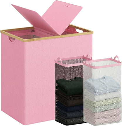 efluky Laundry Hamper with Lid, Trio Laundry Basket with 2 Removable Bags, 3 Section Laundry Bin with Bamboo Handles for Bathroom, Bedroom & Laundry Room, 160L (42.3 Gallon) Beige