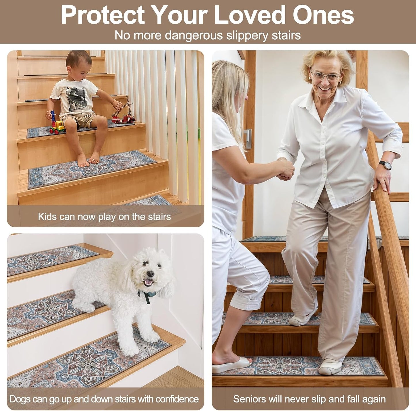 OJIA Stair Treads Non Slip for Wooden Steps Indoor 15PCS Carpet Stair Treads, Rubber Backing Stair Carpet Treads, Residue Free 8"x30" Staircase Step Treads Edging Stair Rugs for Kids & Pets, Gray